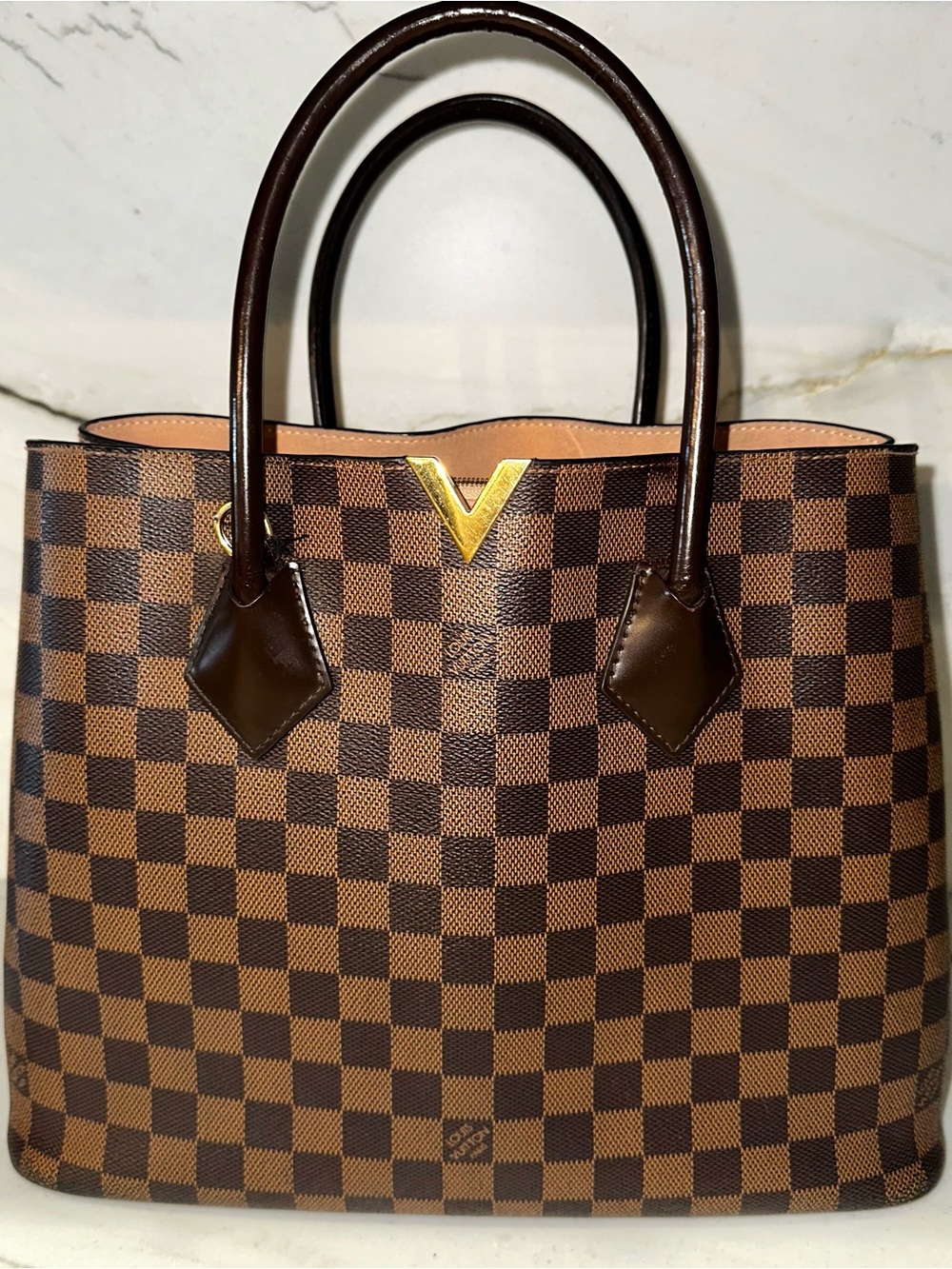 Louis Vuitton Brown Damier Ebene Kensington Canvas Tote with Gold V Detail